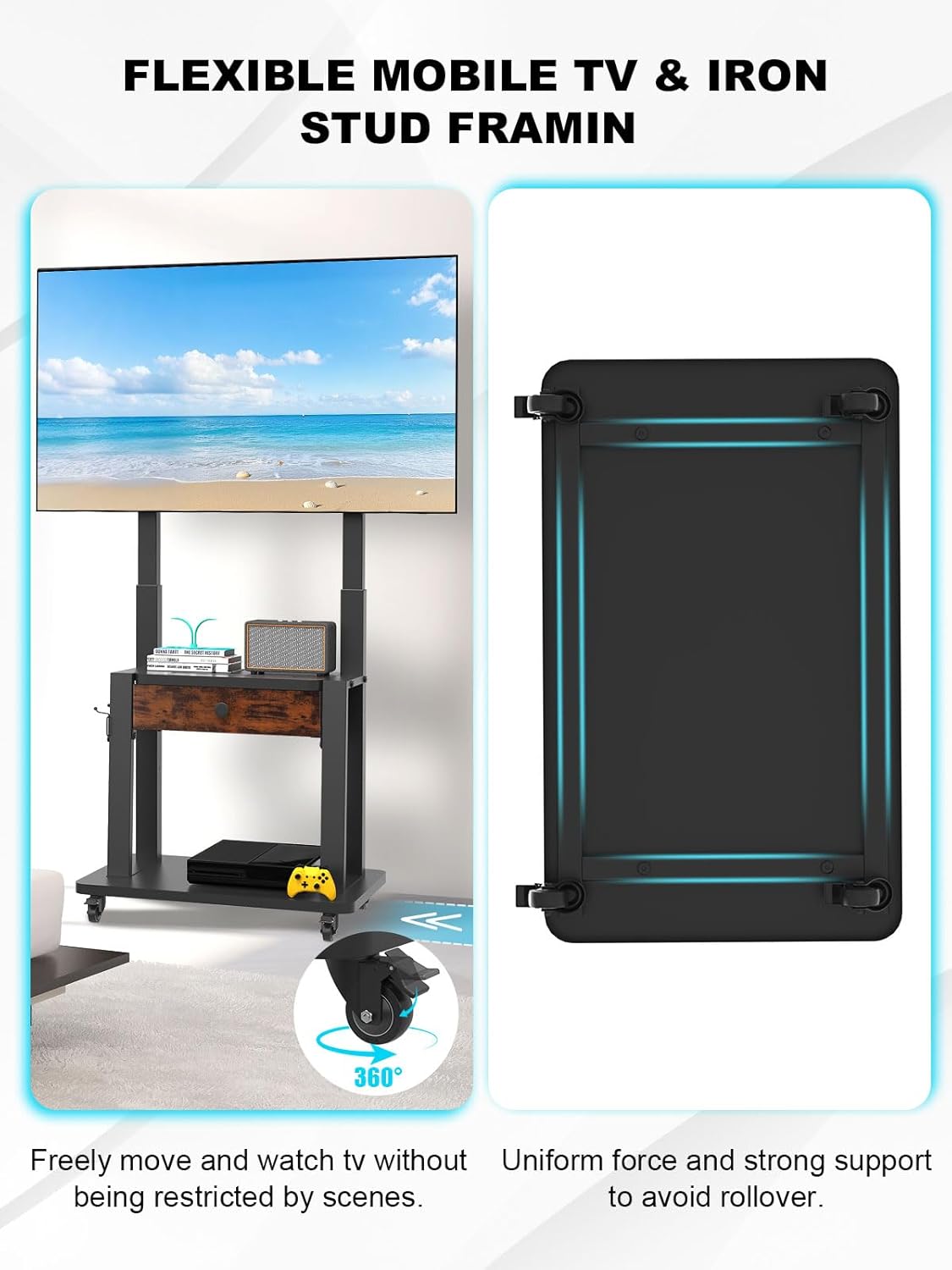 Rolling TV Stand with Fabric Drawer Storage for 32-75 Inch Flat/Curved Screen up to 220lbs LCD/LED/OLED Adjustable Height Mobile TV Cart with Wheels for Home Office Outdoor Max VESA 600x400mm - Image 4
