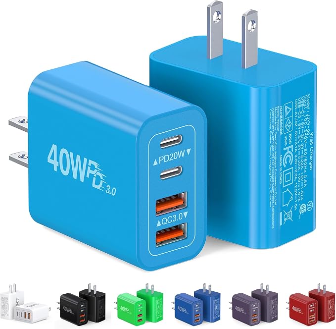 [2-Pack] 40W USB C Charger Block, 4-Port Type C Fast Charging Brick Dual PD&QC Wall Plug Adapter Power Brick for iPhone 13/14/15/16/17/Pro Max Plus/iPad/Airpods/iwatch/Samsung Galaxy (Light Blue) by CSODINCE