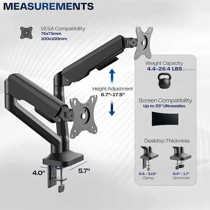 VIVO Dual Pneumatic Arm Ultra-Wide Monitor Mount for up to 35 inch Screens, Holds 26.4 lbs per Arm, Desk Mount Monitor Stand for 2 Ultrawides, Black, STAND-V200O - Image 5