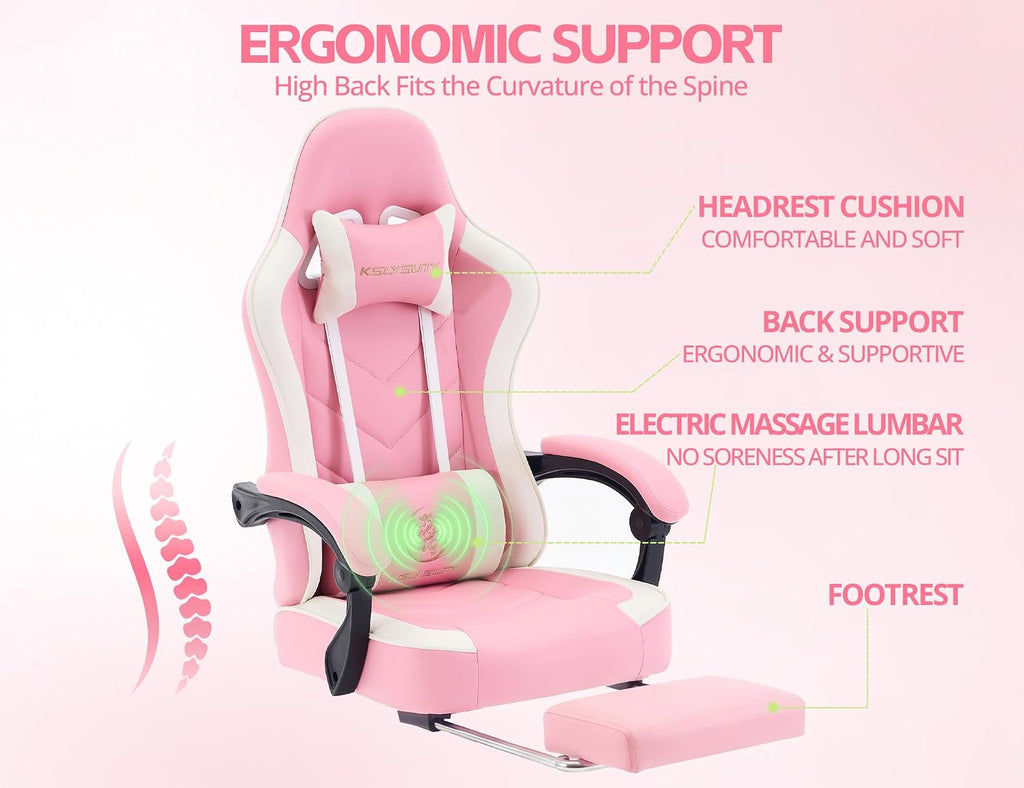 Office Desk Computer Gaming Chair for Adults, Ergonomic High Back Gamer Chair with Massage and Pocket Spring Cushion, Swivel Comfy Video Game Chairs with Footrest and Lumbar Support (Pink White) - Image 5