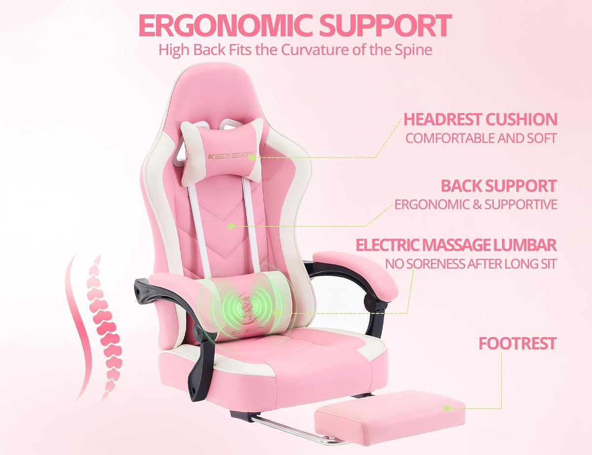 Office Desk Computer Gaming Chair for Adults, Ergonomic High Back Gamer Chair with Massage and Pocket Spring Cushion, Swivel Comfy Video Game Chairs with Footrest and Lumbar Support (Pink White) - Image 5