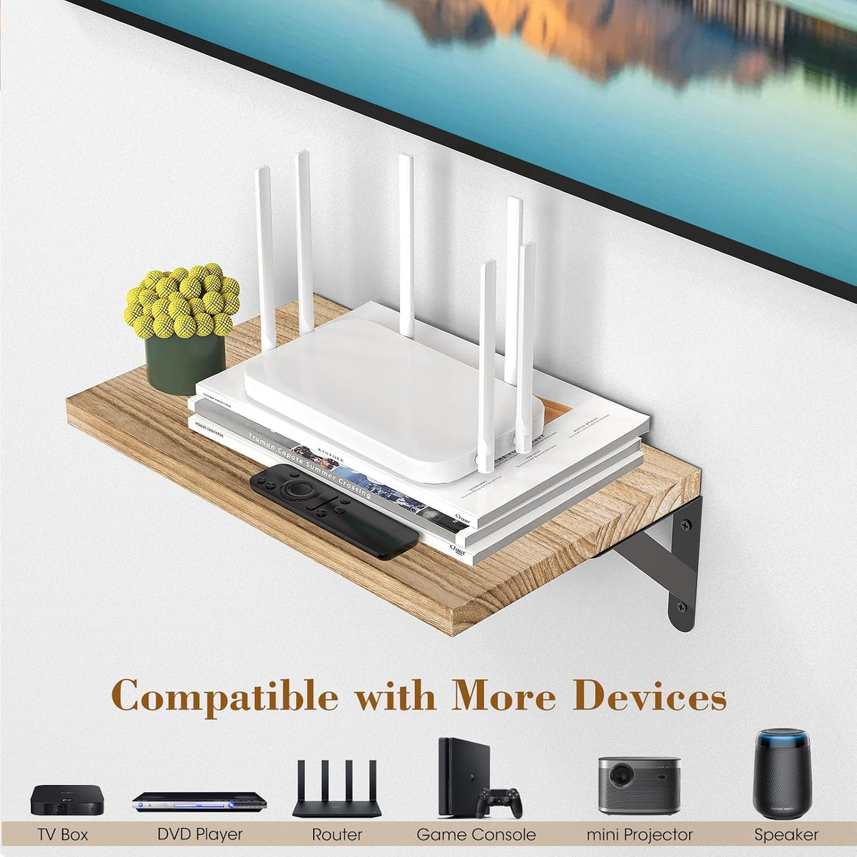 DAWASAPAT Projector Shelf, Projector Wall Mount Floating Shelf,15.7" x 9.8" Deep Shelves with Large Storage for Living Room, Kitchen, Office, Bathroom, Bedroom Router Shelf with Cable Ties-Oak 2pcs - Image 4