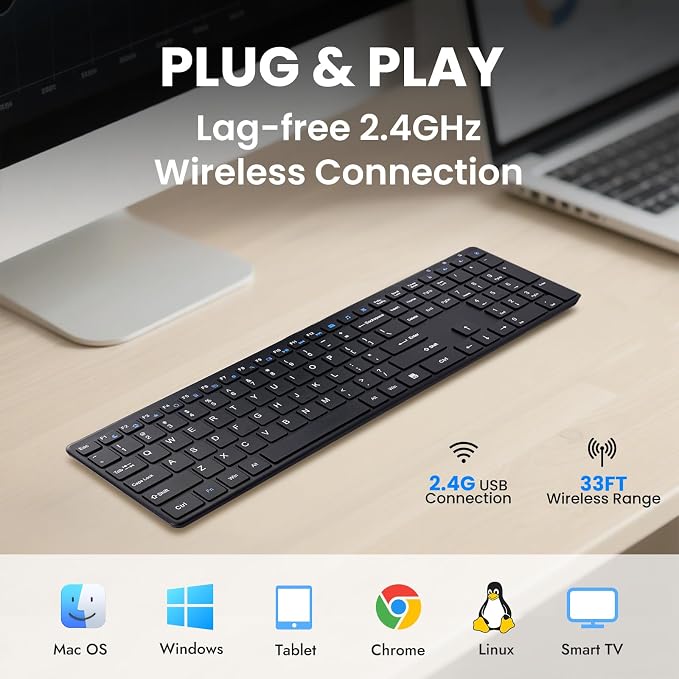 Wireless Keyboard-2.4G USB Ultra Slim Quiet Full Size Matte PC Computer Keyboard,19 Multimedia Keys,Number Pad,Plug&Play,Lag-Free Ergo,Long Battery Life for Desktop,Laptop,Smart TV,MAC,Windows,QWERTY - Image 7
