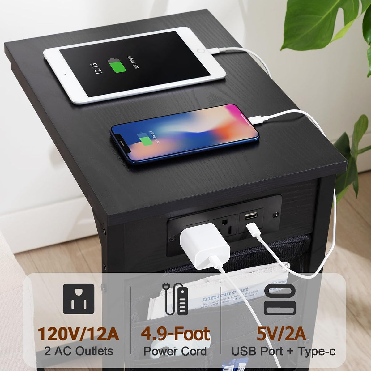 AMHANCIBLE C Shaped End Table with Charging Station, TV Trays, Set of 2 - Image 5
