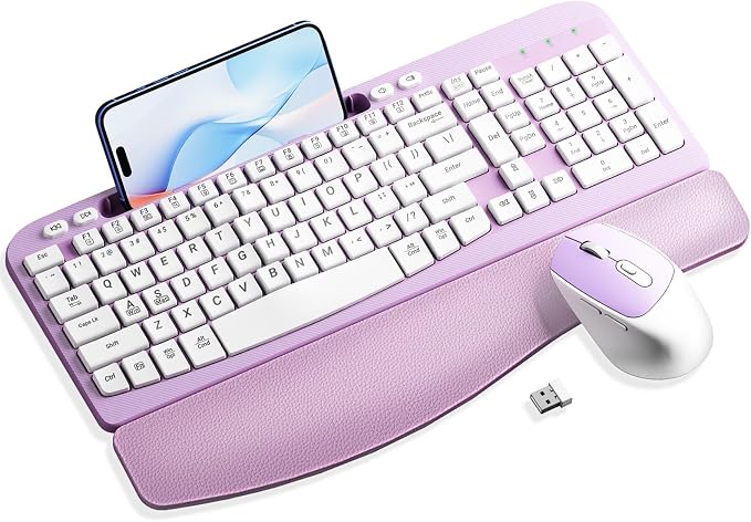 Hayyiesh Ergonomic Wave Keys Wireless Keyboard and Mouse Combo, Full Size with Memory Foam Wrist Rest & Phone Holder, 2.4G Cordless Set with USB-C Adapter for Windows Mac Desktop Laptop (Purple) by Hayyiesh