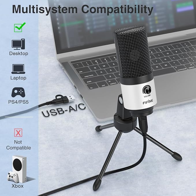 FIFINE K669 White USB Desktop Microphone for Recording, Online Meeting | Podcast Condenser Mic for Computer, Volume Knob, Metal Tripod Stand, Voice-Over, Vocals, Home Studio, YouTube - Image 2