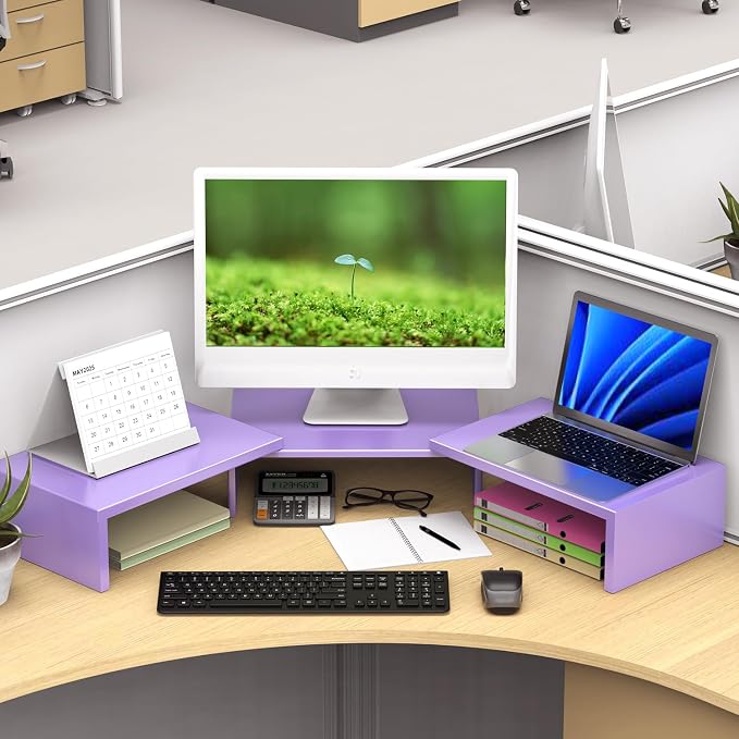 Dual Monitor Stand Riser | Monitor Stand for Desk, Metal Computer Stand, Desk Shelf Riser,Desktop Organizer for Home and Office Use (Purple) - Image 5