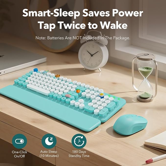 Wireless Keyboard and Mouse Combo, Full-Size Retro Typewriter Keyboard with Round Keycaps, Magnetic Wrist Rest, Tilt Legs, 2.4GHz Cordless for Mac, Windows PC, Laptop, SABLUTE CK23, Robin Egg Blue | Full-Size Retro Typewriter-Style Keyboard, 2.4GHz Cor... - Image 5