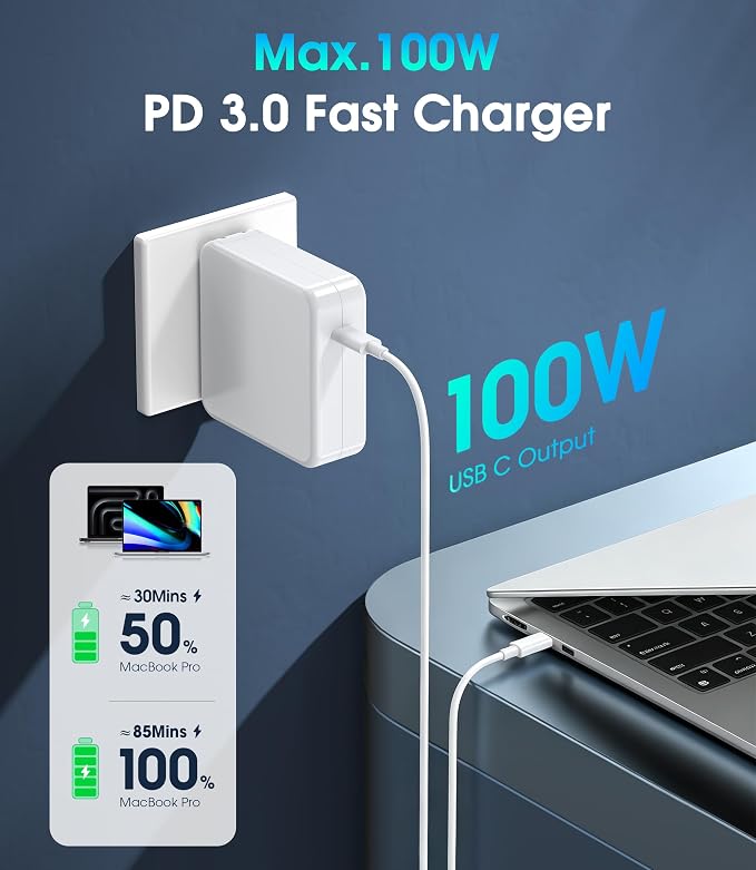 100W GaN USB-C Laptop Charger for MacBook Pro/Air Power Adapter | Compatible with MacBook Pro/Air M1-M5, 13-16 Inch, iPad Pro, Samsung Galaxy and more USB-C devices with foldable plug - Image 2