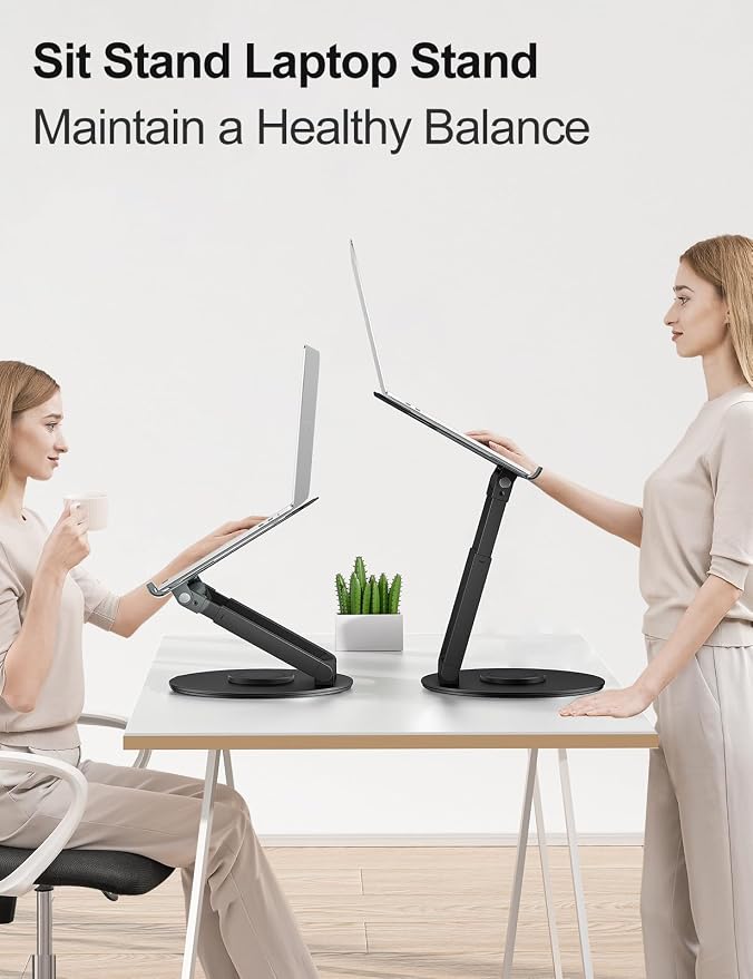 tounee Telescopic Laptop Stand for Desk with 360° Swivel Base, Sit to Stand, Height Adjustable, Portable Riser Holder for Good Posture, Compatible with MacBook Pro, All Laptops 10-17" - Black - Image 3