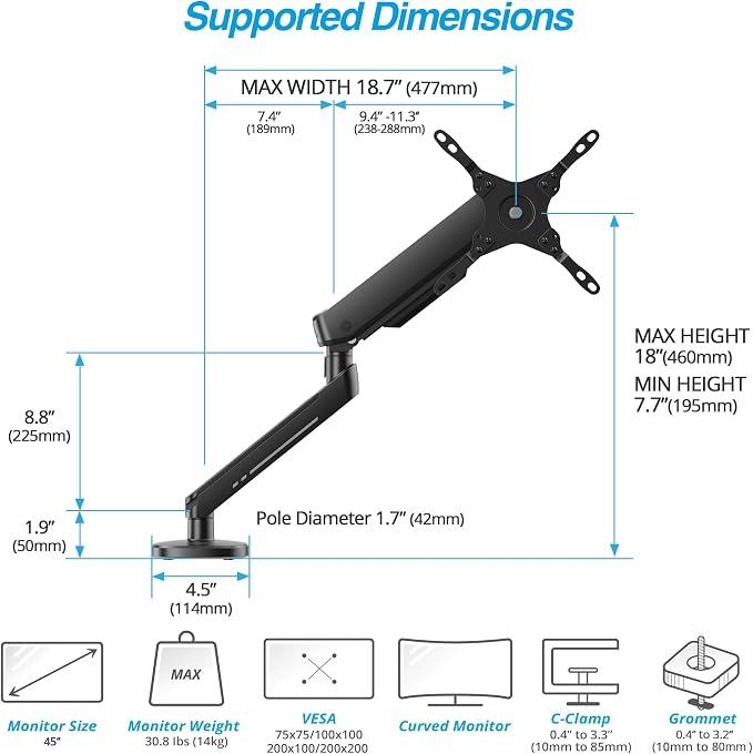 AVLT Single 27”-45” RGB Gaming Monitor Arm Desk Mount -Black | Built-in 20 Lighting Modes Touch Button Control Fits Flat/Curved/Ultrawide Screen Height Swivel Tilt Rotation Adjustable - Image 4