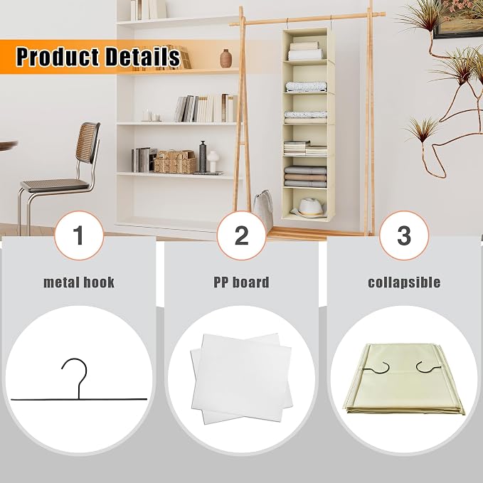Hanging Closet Organizer 6-Shelf, Oxford Fabric Wardrobe Storage, Beige | Easy-mount foldable design holds clothes, handbags, shoes & accessories; washable Oxford fabric, sturdy and space-saving. - Image 6