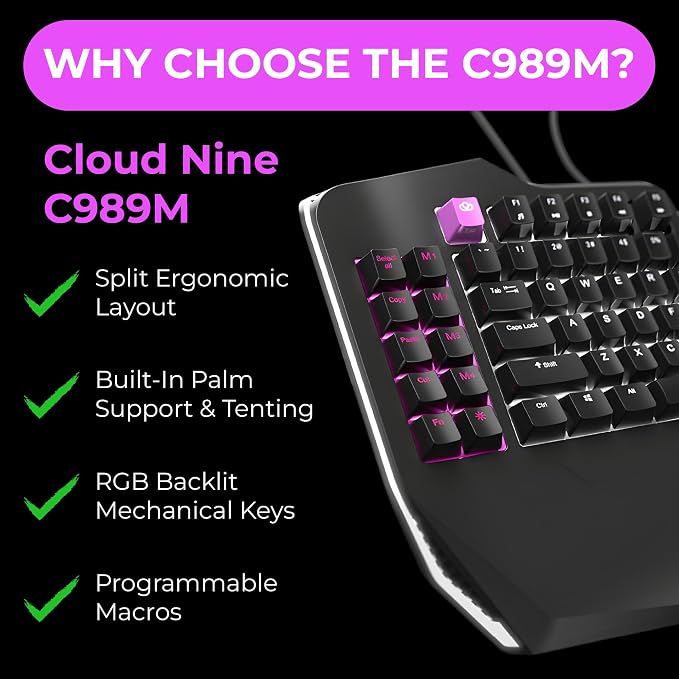 Cloud Nine C989M Ergonomic Mechanical Keyboard for PC - Kailh Tactile Brown Switches - RGB Light Up LED Backlit with USB - Ergo Split Key Board with Macro - Image 9