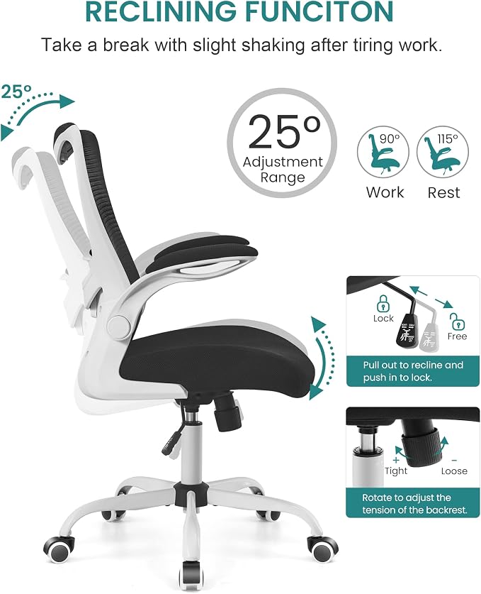 Office Chair, Ergonomic Desk Chair with Adjustable Lumbar Support and Flip up Armrest, Breathable Mesh Computer Chair for Home Office, White - Image 9