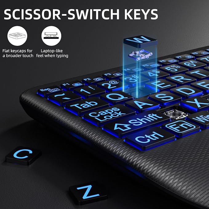 Hamile Large Print Wireless Backlit Keyboard for Windows, Black | Rechargeable keyboard with quiet low-profile keys, 7-color backlight memory, full-size layout, and extra-large wrist rest - Image 5