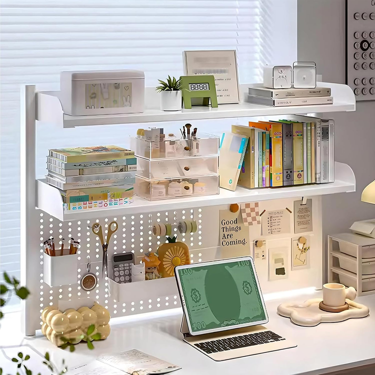 Clamp On Desk Organizer Shelf,White Desk Extender Pegboard Workstation,Computer Desk Accessories for Office, Privacy Panel for Gaming Desk,23.6/31.4/39.3in Desktop Shelving (white, 80cm/31.4in) - Image 2