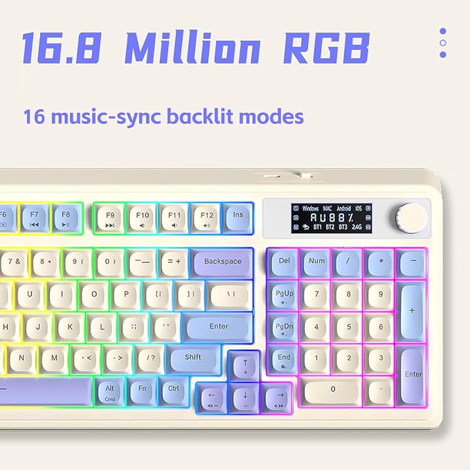 AULA S99 Pro Gaming Keyboard, Cute Creamy Wireless Keyboard | Tri-Mode Bluetooth/2.4G/USB-C Computer Keyboards, Media Knob Custom RGB Backlit with Number Pad Smart Screen- Purple - Image 6