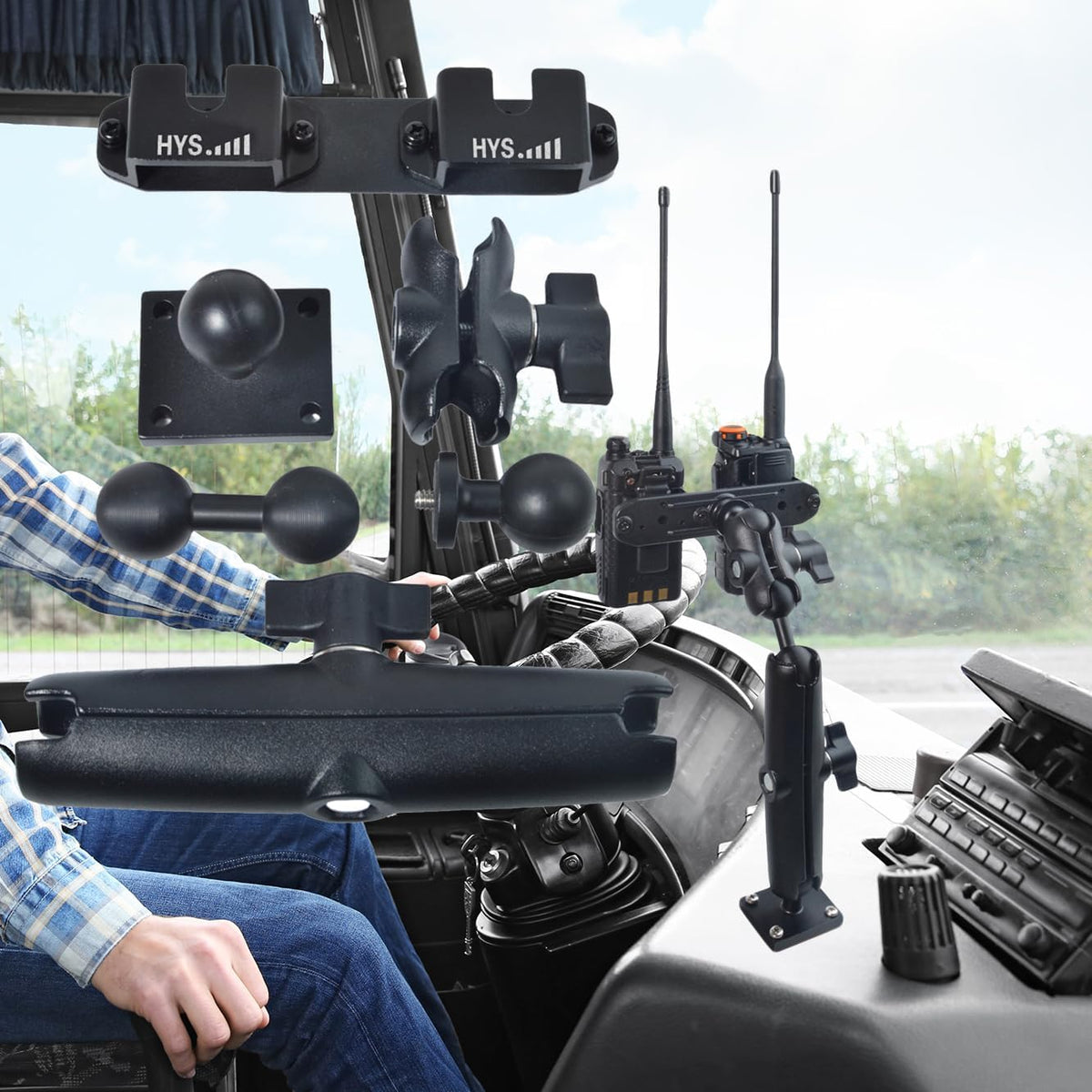 HYS Heavy Duty Drill Base Tablet Handheld CB Radio/Mic Holder Truck Mount, Aluminum 360° Adjustable 2-Stage Stand for Commercial Vehicles Car and Wall, for Handheld CB Radio&Mic with Clip/Round Knob - Image 5
