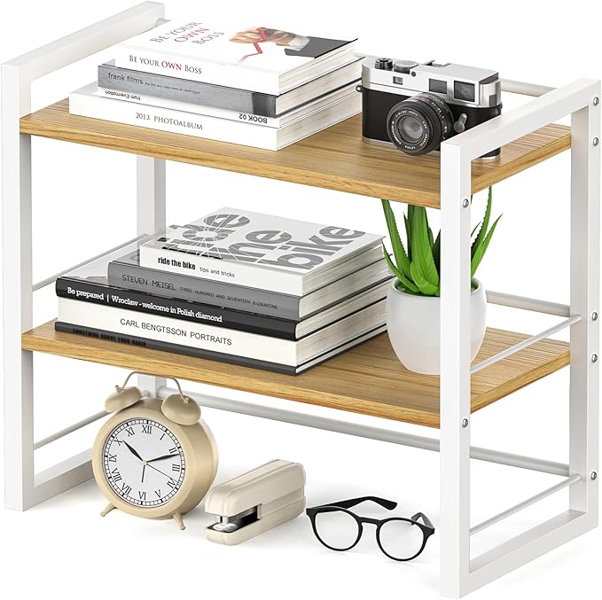 Office Desk Shelf Organizer, Wood Desktop Bookshelf Supplies Storage Rack, Shelf for Top of Desk and Dresser (White-2 Tier) by ART-GIFTREE