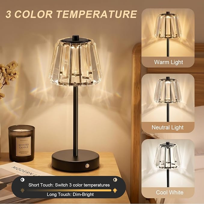 13" Small Crystal Cordless Table Lamp, Touch Rechargeable Desk Lamps | 3 Color Temps, Stepless Dimming, Black Portable Battery Operated LED Desk Lamps for Bedside, Nightstand, Kitchen, Patio, Gift - Image 3
