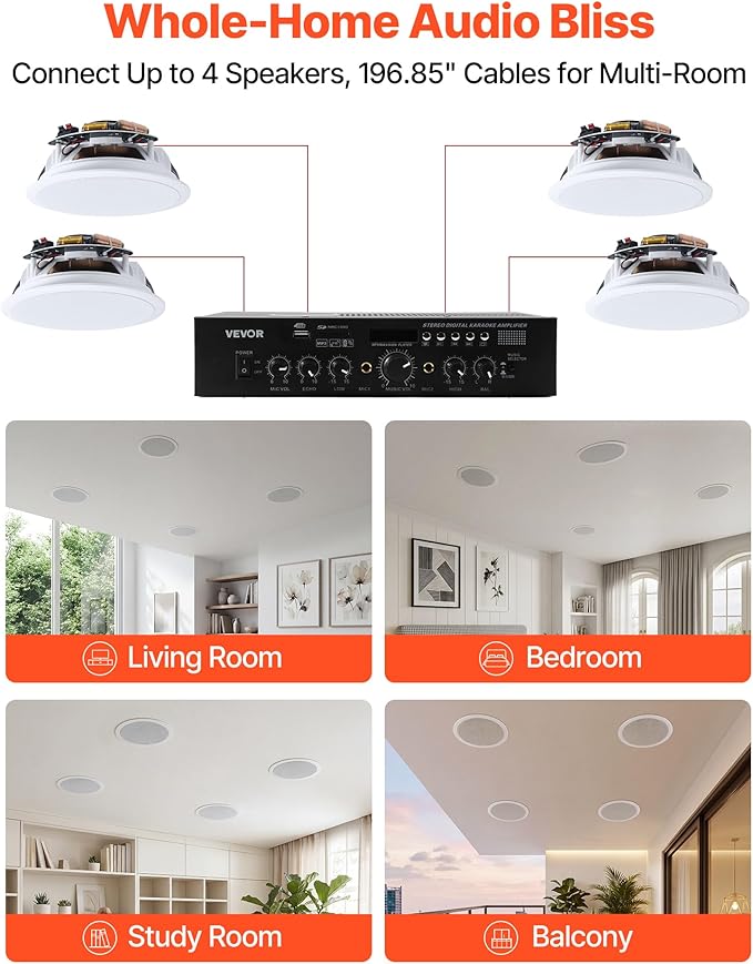 VEVOR Bluetooth Ceiling Speakers, 6.5", in Ceiling & in-Wall Speaker System with Amplifier, 2-Way, for Damp and Humid Placement, Home Theater, Covered Outdoor Patio and Flush Mount Wired, 4 Speakers - Image 6