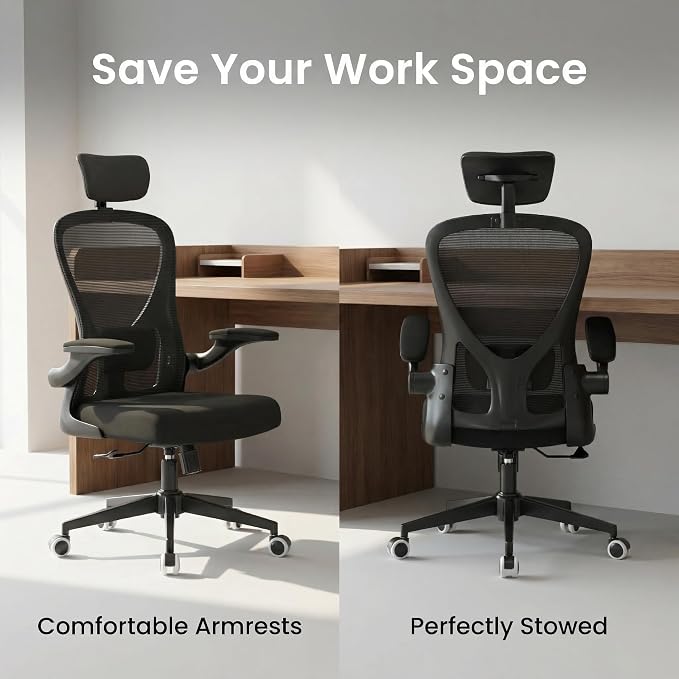 Monhey Ergonomic Chair, Adjustable Lumbar & Flip-up Arms, Black | Breathable Mesh,Height Adjustable, Rocking Swivel, High Back, Home Office Use - Image 4