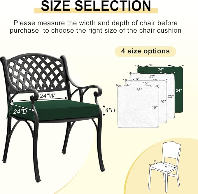 downluxe Waterproof Outdoor Chair Cushions for Patio Furniture, 24" x 24" x 4" Patio Chair Cushion with Adjustable Ties & Portable Handle, Outdoor Cushion with Removable Cover, Forest Green, 2 Pack - Image 6
