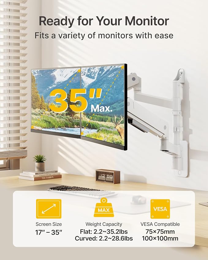 monTEK Vertical Dual Monitor Wall Mount for 17-35" Screens, 35.2 Lbs Each | Heavy Duty Dual Monitor Arm, Full Motion, 75x75/100x100 Compatible, for Flat/Curved Monitors, Home Office & Gaming, White - Image 2