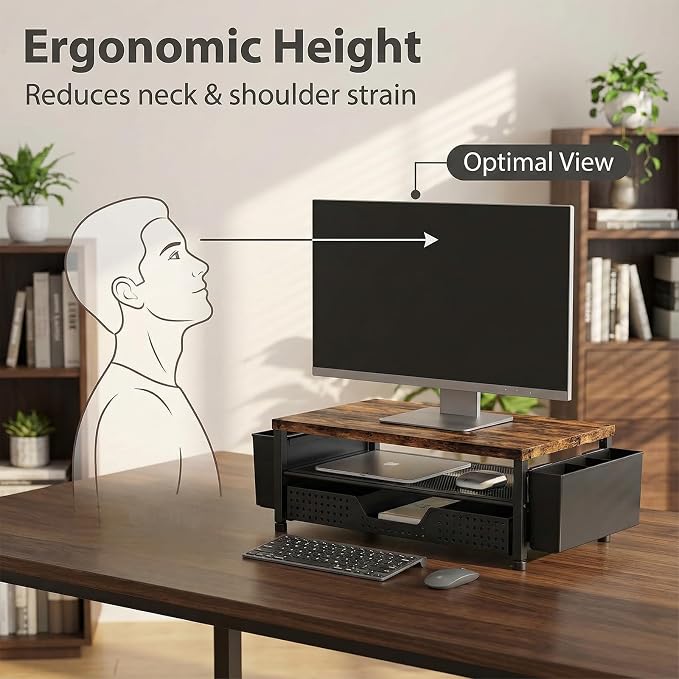 LEKETREE Wood Desk Organizer, 2-Tier Computer Monitor Stand Riser with Storage Drawer and 2 Pen Holders, Laptop & Printer Stand, Shelf for Top of Desk (Rustic Brown) - Image 3