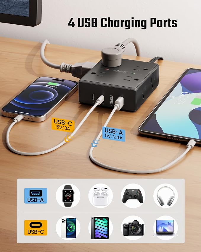 SUPERDANNY Extension Cord,Flat Plug Surge Protector Power Strip,25Ft | 8 AC & 4 USB Ports (2 USB C),Surge Protector with 1050J,Desk Charging Station for Home Office,College Dorm Room Essentials - Image 4