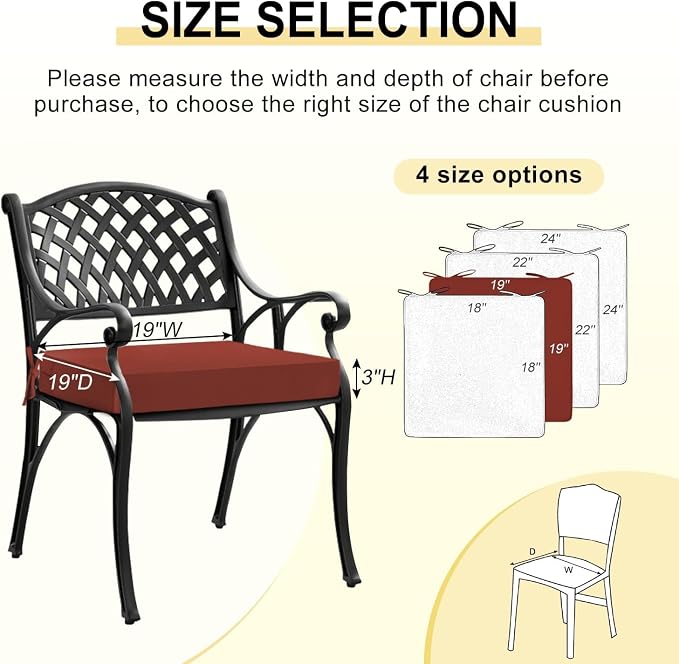 downluxe Waterproof Outdoor Chair Cushions Set of 4, 19" x 19" x 3" Patio Chair Cushion with Non-Slip Ties & Handle, Square Outdoor Cushion for Patio Furniture with Removable Cover, Orange - Image 6