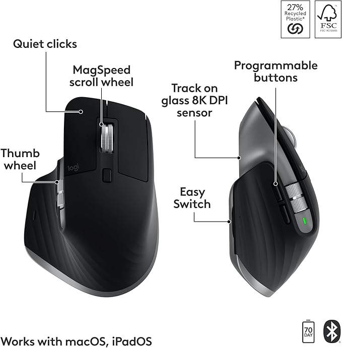 Logitech MX Keys S Combo Mac Wireless Keyboard and Mouse - Space Grey | Includes palm rest, Backlit keyboard, Fast scroll, Bluetooth, USB-C, For MacBook Pro, MacBook Air, iMac, iPad - Image 6