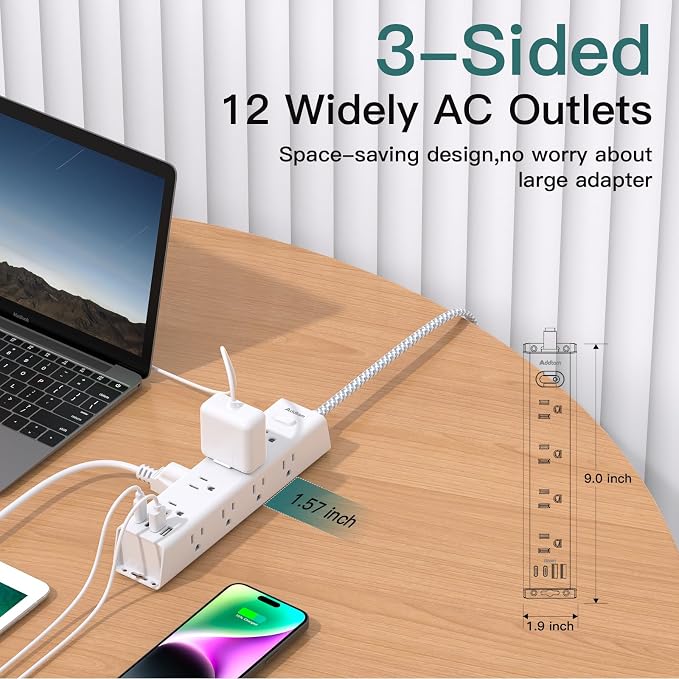 Surge Protector Power Strip - 10 FT Extension Cord with 12 AC Outlets 4 USB | Flat Plug Power Strip Wall Mount Overload Protection, 1050J, Desk Charging Station for Home Dorm Room Office, ETL Listed - Image 8