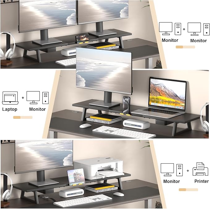 TEAMIX 39.4 inch Dual Monitor Stand Riser with Drawer & Phone Holder, Black | For Computer, Laptop,Printer, Wood & Steel, Holds 100 lbs, Keyboard Storage Underneath, For Home Office Gaming Organization - Image 7