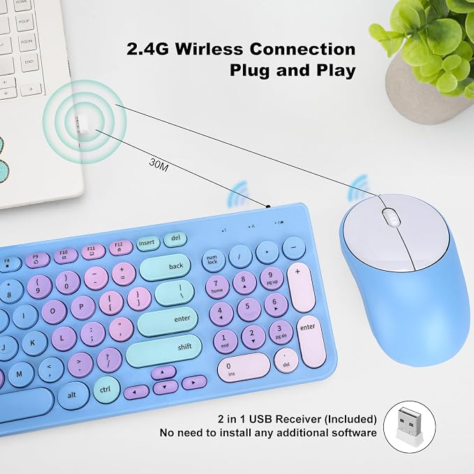 Wireless Keyboard and Mouse Combo, Retro Typewriter Keyboard with Round Keycaps, 2.4GHz USB Cute Wireless Keyboard Mouse for Computer, Desktop, Laptop and Computer (Rainbow Blue) - Image 2