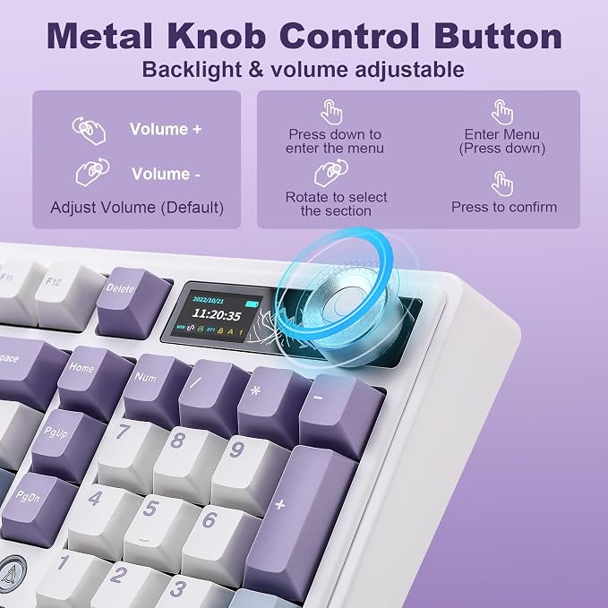 AJAZZ AK980 Mechanical Keyboard, Creamy & Thocky with Smart Display & Knob, 98% Wireless Tri-Mode BT/2.4G/USB-C, Hot Swappable, RGB Light for Win & Mac (Purple, Murad Switch) - Image 4