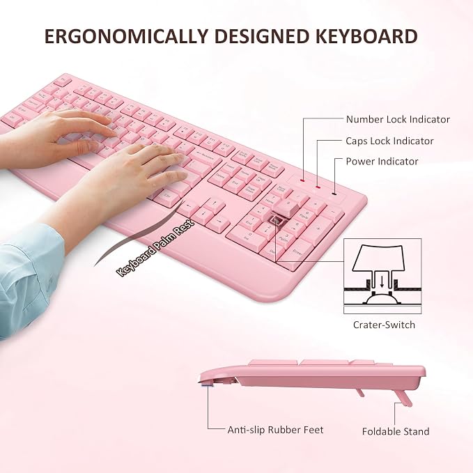 Wireless Keyboard and Mouse Combo, Full-Sized 2.4GHz Wireless Keyboard with Comfortable Palm Rest and Optical Mouse for Windows, Mac OS PC/Desktops/Computer/Laptops (Full Pink) - Image 3