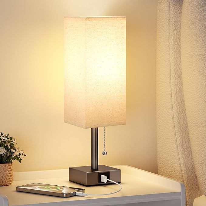 Brown Bedside Table Lamp for Bedroom - Desk Lamp For Nightstand, USB C+A | Pull Chain Lamp, 3 Color Modes(3000K/4000K/5000K), E26 LED Bulb Included, Square Brown Fabric Lampshade, for Read, Work, Dorm - Image 6