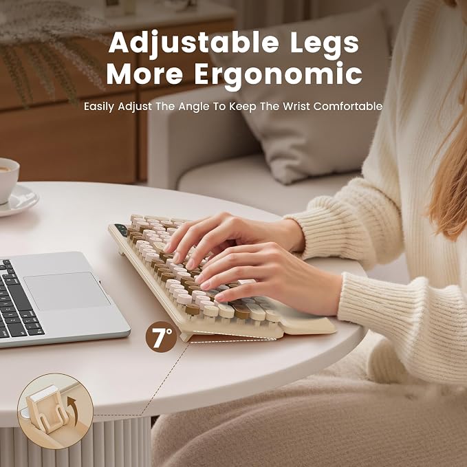 Wireless Keyboard, Round Keycaps, Retro Typewriter Keyboard with Magnetic Wrist Rest, Sleep Mode, Foldable Legs, 2.4GHz Full-Size Cordless Computer Keyboard for Windows PC, Laptop (Beige & Brown) - Image 4