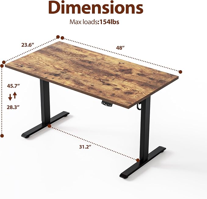 Agilestic Electric Height Adjustable Standing Desk, 48 Inch, Rustic Brown | Smooth Height Adjustment, Memory Presets, Hooks, Stable Steel Frame,154 lbs Capacity, Easy Assembly, Splice Board - Image 2