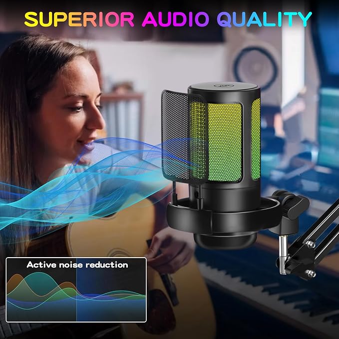KingSom Gaming USB Microphone,Noise-Canceling Condenser Mic with Boom Arm | Podcast Microphones RGB Computer Mic,Streaming Microphone with Pop Filter, Mute Button,Gain for Recording,Discord,YouTube - Image 5
