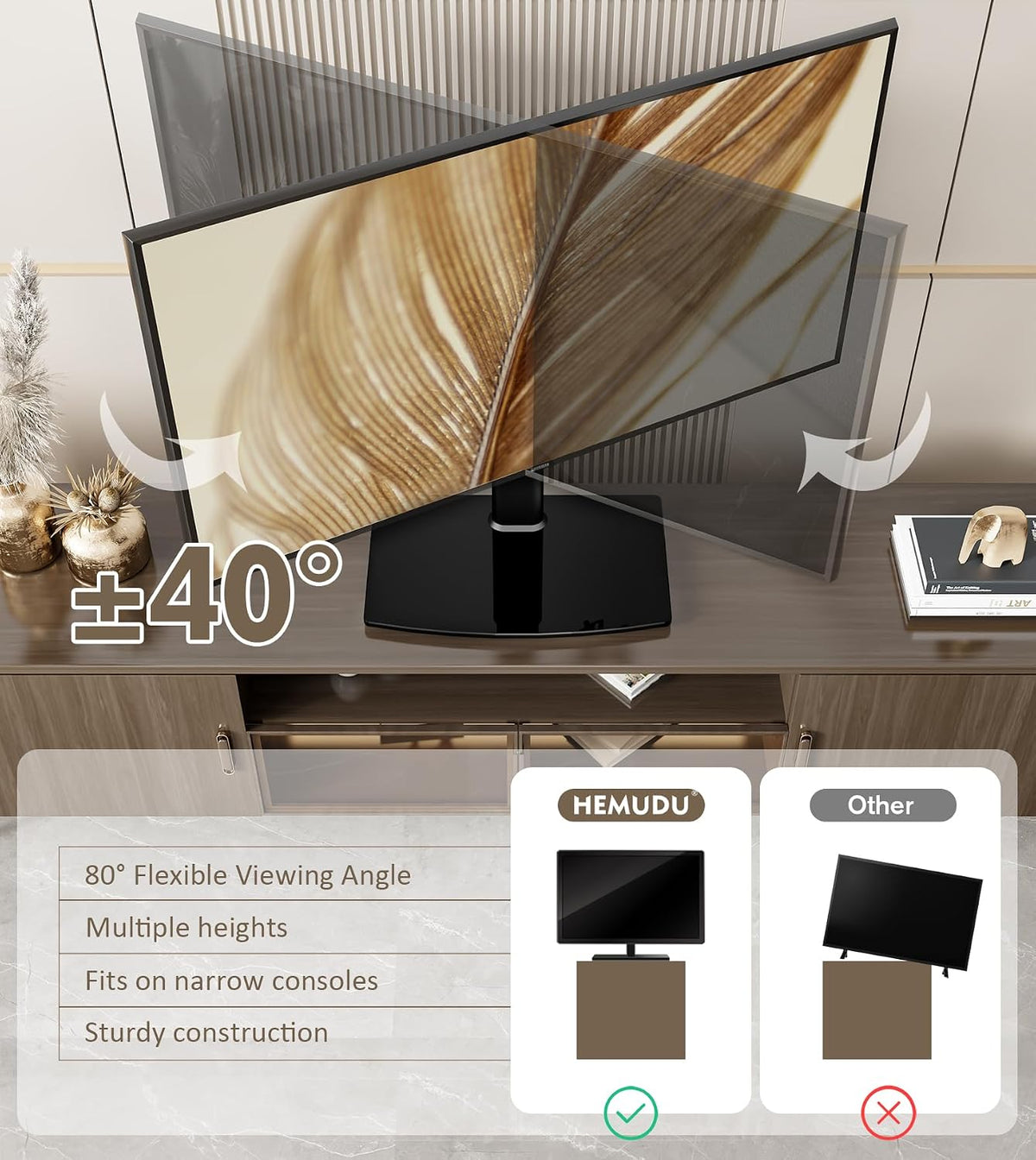 Universal Swivel/Table Top TV Stand 27 to 60 inch TVs 80 Degree Swivel, 4 Level Height Adjustable, Heavy Duty Tempered Glass Base, Holds up to 99lbs Screens, HT04B-001 - Image 3