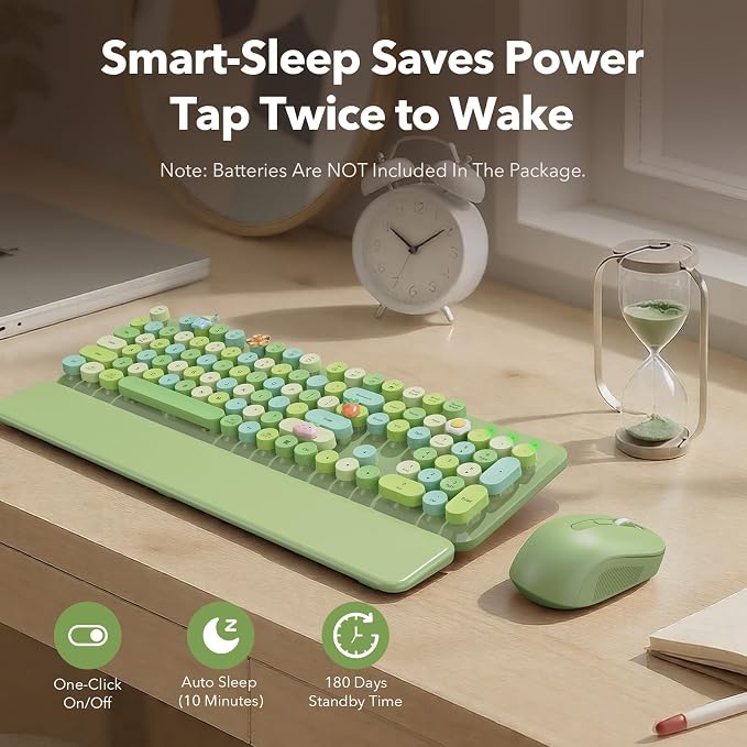 Wireless Keyboard and Mouse Combo, Cute Retro Typewriter Keyboard with Round Keycaps and Magnetic Wrist Rest, Full-Size 2.4GHz Cordless for Mac, Windows PC, Laptop, SABLUTE CK23, Green Multi-Color | Full-Size Typewriter-Style Keyboard, Tilt Legs, 2.4GH... - Image 5