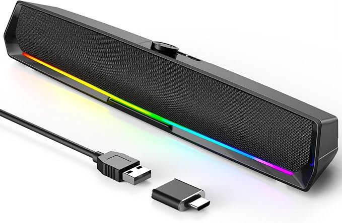 Computer Speakers for Desktop,PC Speakers Gaming Sound bar with Colorful Light,USB Speaker With Bluetooth for PCs Desktop Laptop Tablets,Wired Bluetooth Speaker for Phones(Type-C Adapter Included) by LENRUE