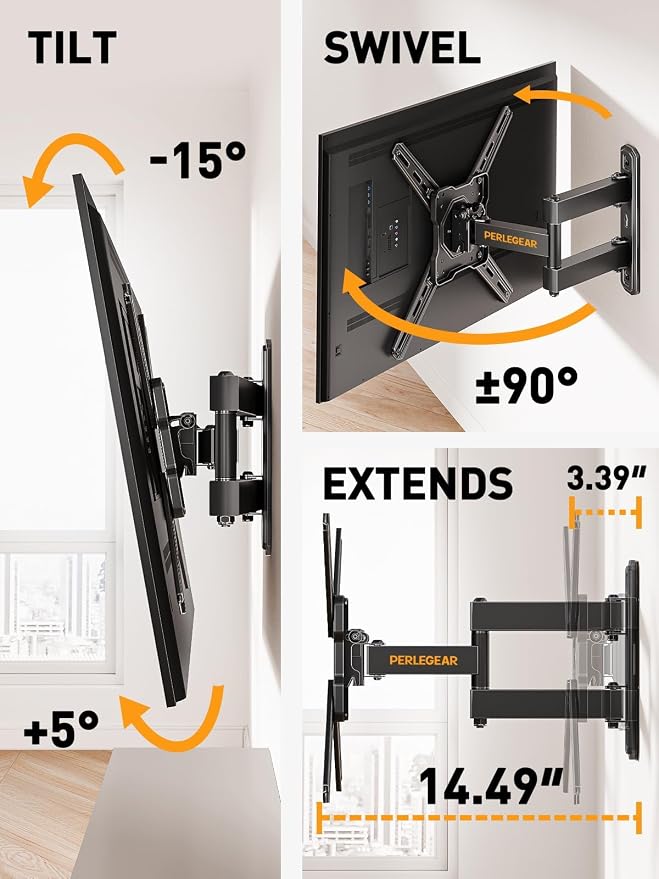 Perlegear Full Motion TV Wall Mount for Most 26–50 Inch TVs, Max VESA 300 x 300mm, TV Monitor Wall Mount Bracket with Rotation, Swivel, Tilt, Extension and Leveling Adjustment, Holds up to 55 lbs - Image 5