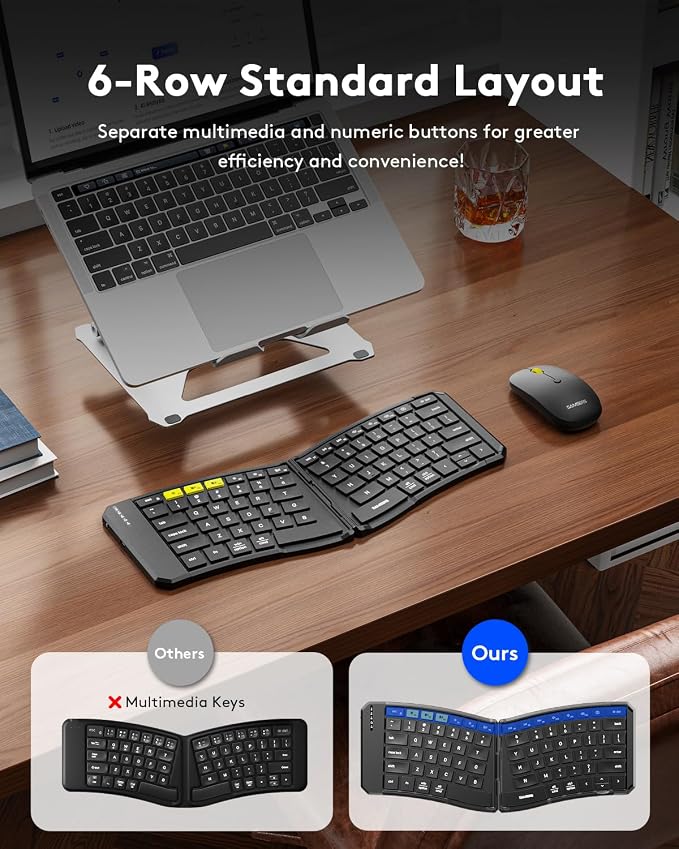 Samsers Ergonomic Split Foldable Keyboard and Mouse for Travel and Business | PU Leather Cover, Split Design, 6-Row Layout, 3 Devices Switching, 2.4G + BT5.0 x2, Quiet Mouse, Hard Case, USB-C Charging - Image 2