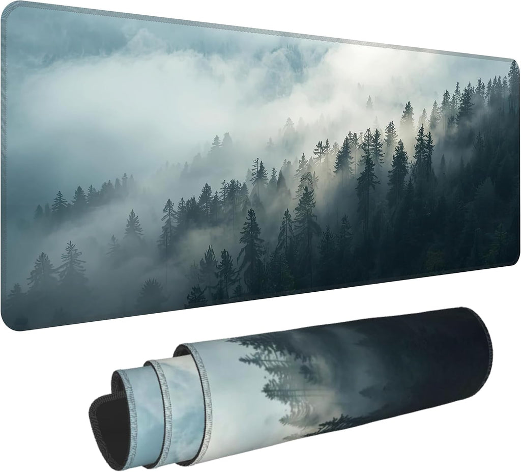 Misty Forest Mouse Pad,XL 31.5"x11.8" Big Gaming Mousepad,Large Extended Mouse Mat,Non-Slip Rubber Base Waterproof with Stitched Edges for Gaming Office Home by HUNJIEEM