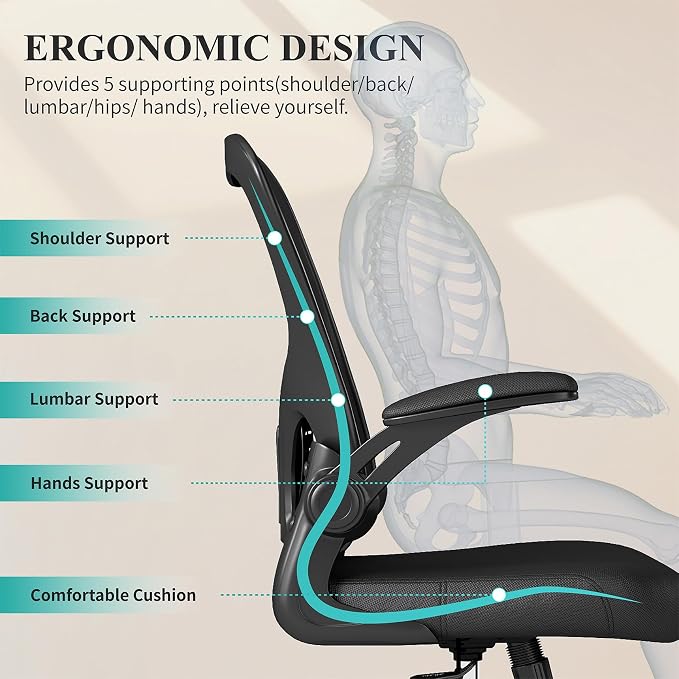 Flysky Mesh Office Chair, Ergonomic Computer Desk Chairs (Black, Set of 1) | Comfy/Comfortable Flip-up Arm Rests, Lumbar Support, Height Adjustable, 360 Degree Rolling Swivel for Home Office - Image 10