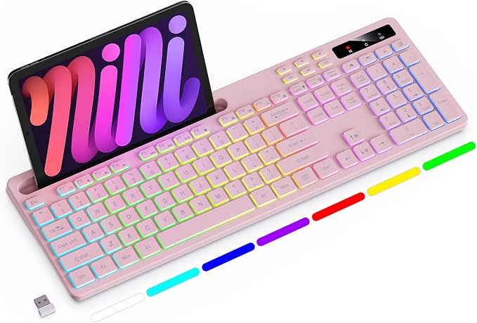 Soueto Wireless Keyboard with 7-Color RGB Backlit, Full-Size Computer Keyboard with Phone Tablet Holder, 2.4G Rechargeable Gaming Keyboard with Light Up Keys, Compatible with Mac, Windows (Pink) by Soueto
