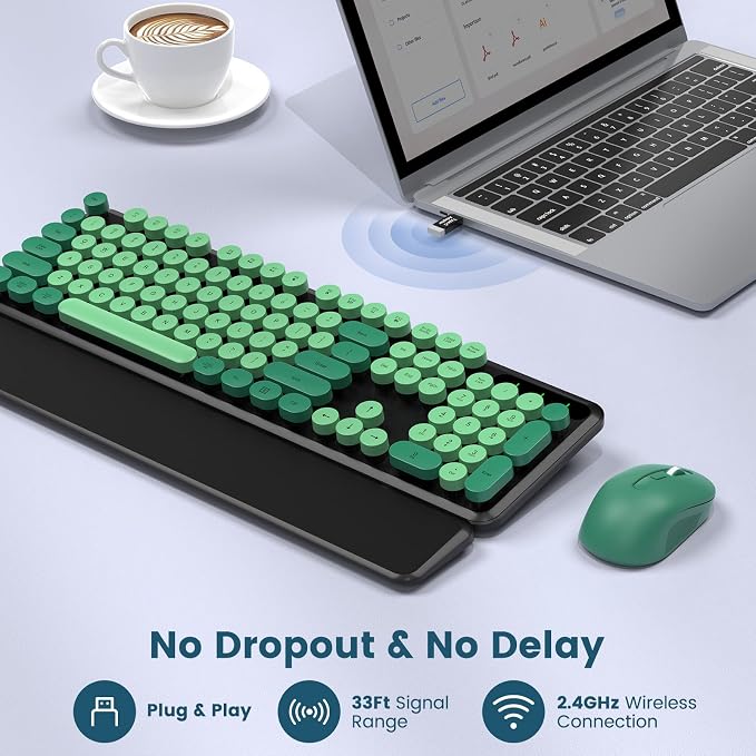 Wireless Keyboard and Mouse Combo, Round Keycaps, Full-Size Retro Typewriter Keyboard with Magnetic Wrist Rest, Tilt Legs, 2.4GHz Cordless for Mac, Windows PC, Laptop, SABLUTE CK23, Black & Green | Full-Size Retro Typewriter-Style Keyboard, Tilt Legs, ... - Image 6